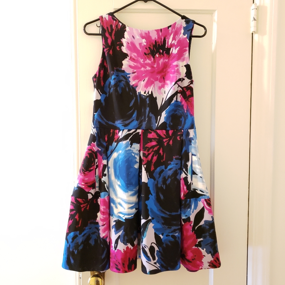 Blue Pink Floral Dress with Pockets